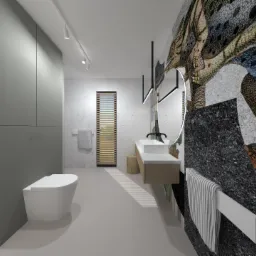 Nowoczesna łazienka z betonową ścianą, okrągłym lustrem podświetlanym LED, drewnianą szafką pod umywalką i akcentem w postaci fototapety z motywem zwierzęcym.