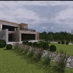 ASdesign - Wizualizacja nowoczesnego domu z ogrodem, ścieżka z płyt, kuliste krzewy, elewacja z kamienia i drewna, duże okna.