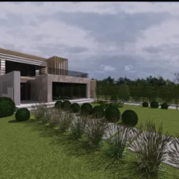 Wizualizacja nowoczesnego domu z ogrodem, ścieżka z płyt, kuliste krzewy, elewacja z kamienia i drewna, duże okna.