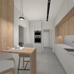 ASdesign - Nowoczesna kuchnia z drewnianymi akcentami: wysoki stół barowy z zastawą, białe szafki kuchenne i oświetlenie LED.