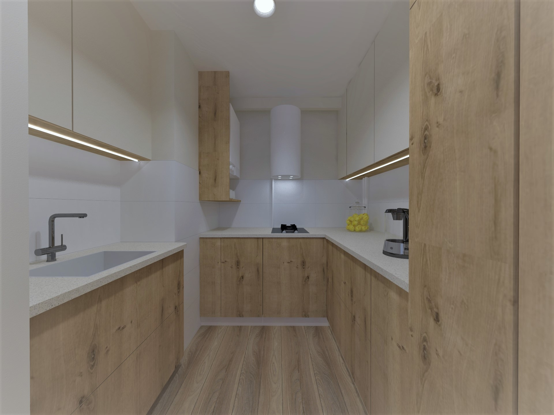 Wizualizacja nowoczesnej kuchni z drewnianymi frontami szafek, białymi ścianami i blatem z jasnego kamienia, oświetlenie LED pod szafkami, minimalistyczny okap cylindryczny.