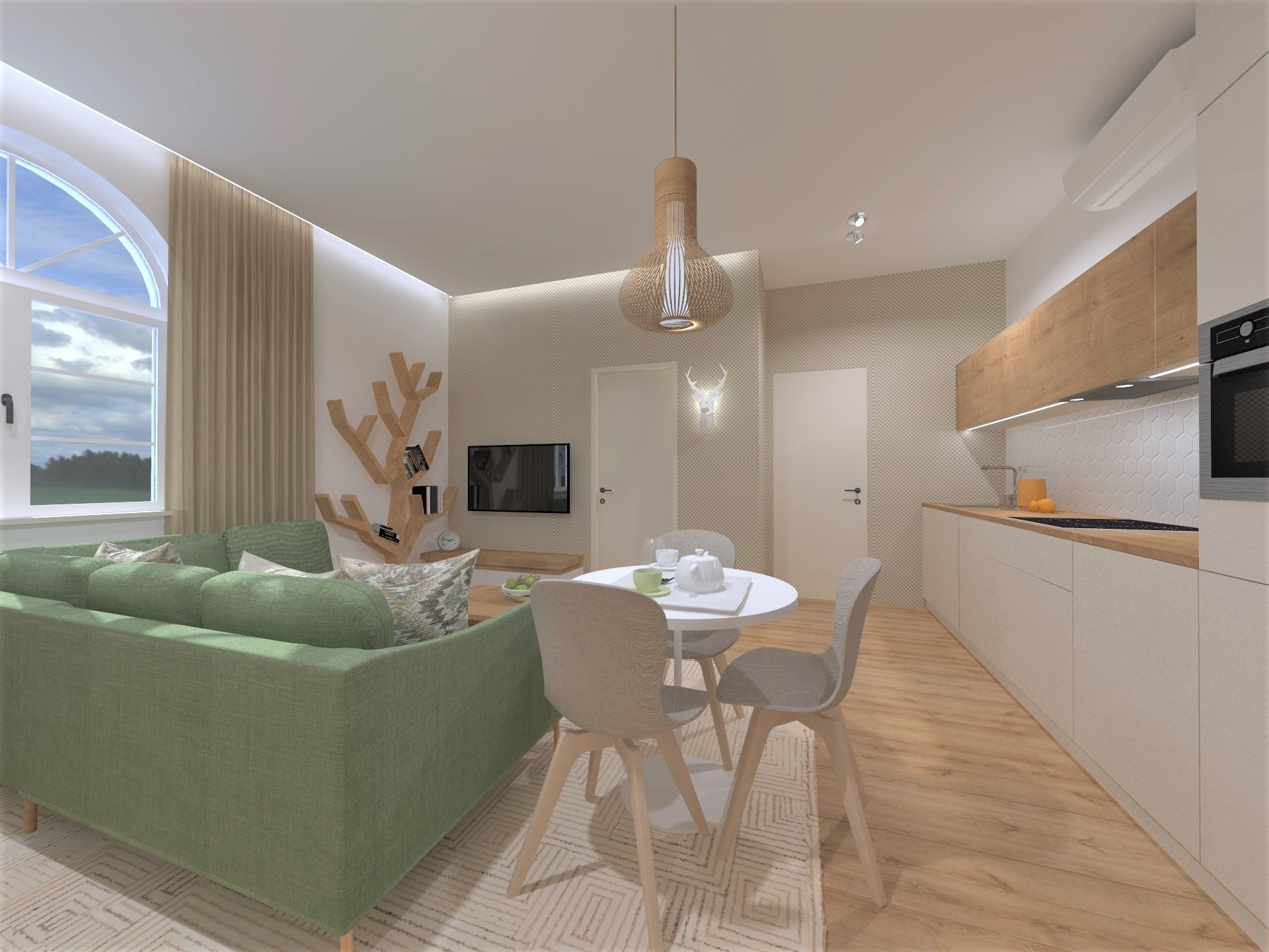 Wizualizacja jasnego salonu z aneksem kuchennym, zielona sofa, okrągły stół z trzema krzesłami, drewniana półka w kształcie drzewa, kuchnia z drewnianym blatem i białymi szafkami, okno łukowe.