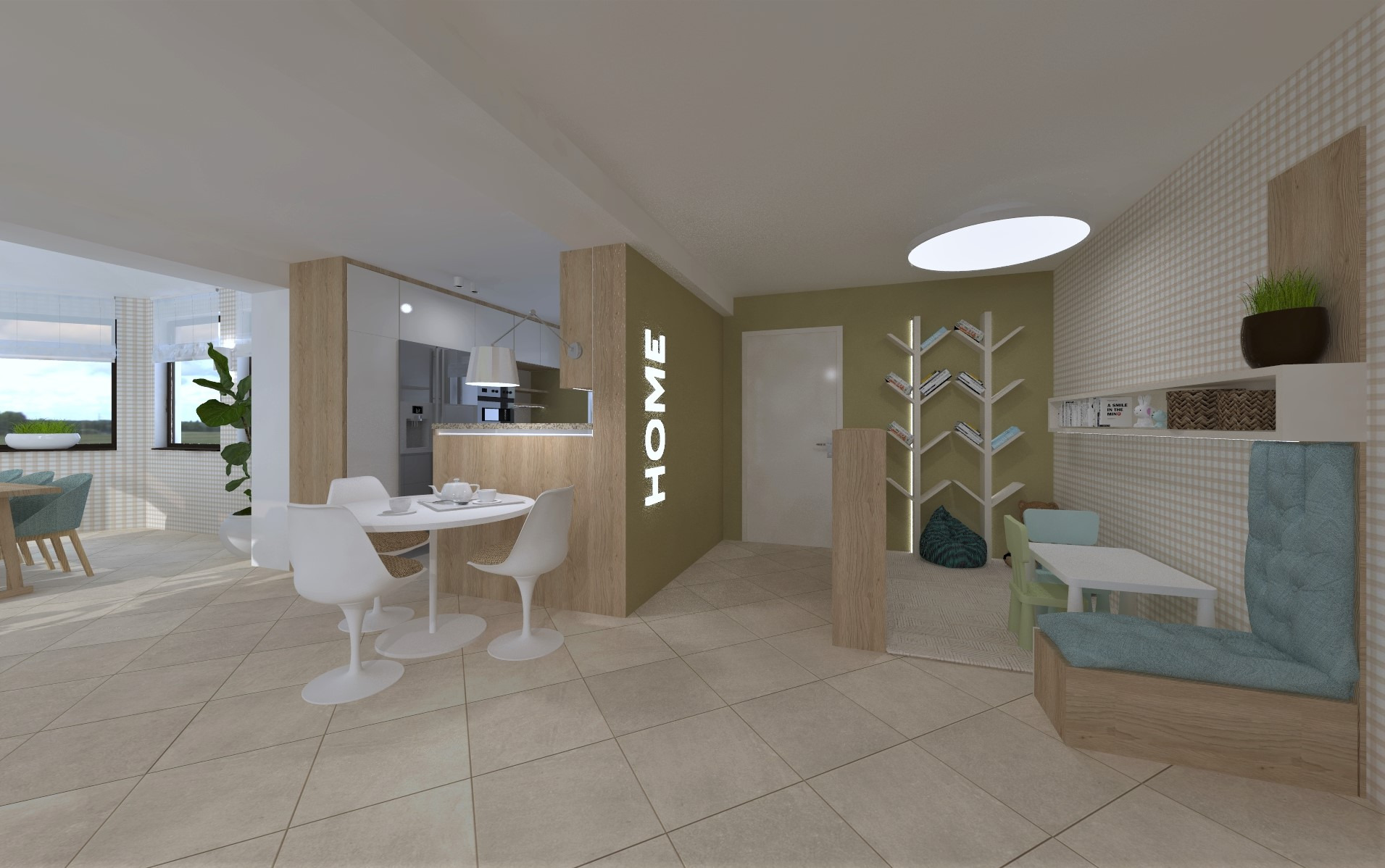 Wizualizacja wnętrza mieszkania w Bielsko-Białej, ukazująca otwartą przestrzeń z kuchnią, jadalnią z okrągłym stołem i białymi krzesłami oraz kącikiem wypoczynkowym z biblioteczką w kształcie...