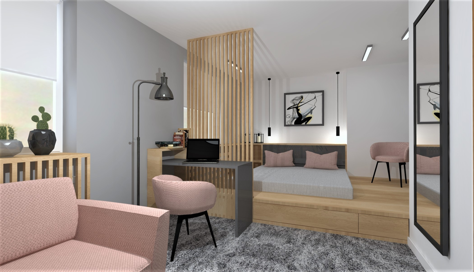Wizualizacja sypialni z wydzieloną strefą pracy: drewniana ażurowa ścianka działowa, biurko z laptopem, różowe krzesło i fotel, platforma łóżka z szufladami, abstrakcyjny obraz nad wezgłowiem...