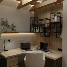 Nowoczesny kącik biurowy z drewnianym biurkiem, dwoma laptopami, minimalistyczną lampką i regałem na ścianie. Jasne, stonowane kolory i naturalne światło.