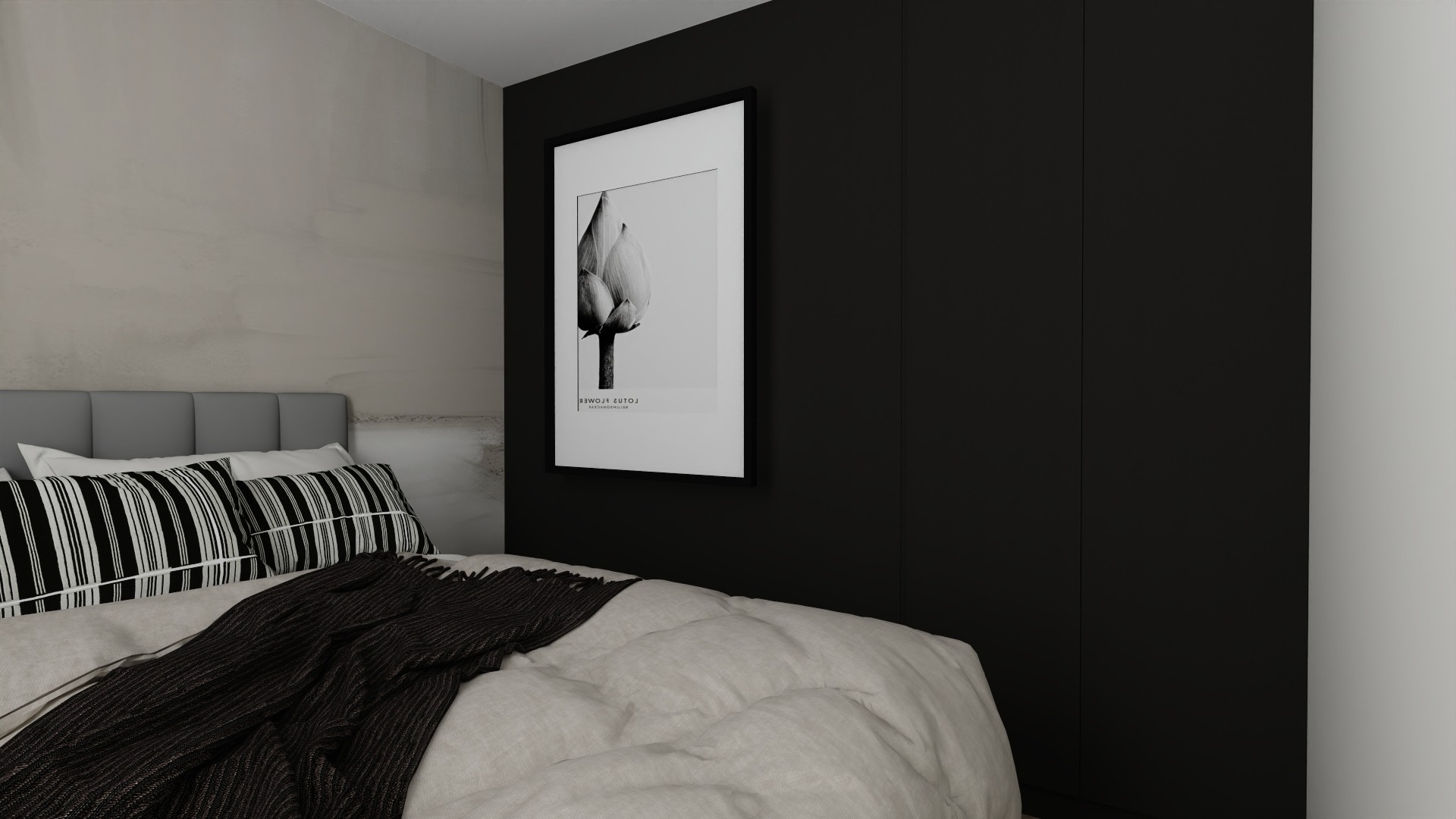 Minimalistyczna sypialnia z łóżkiem w odcieniach szarości i czerni, z obrazem lotosu na ścianie i ciemną zabudową meblową. Stonowana kolorystyka i nowoczesny design.