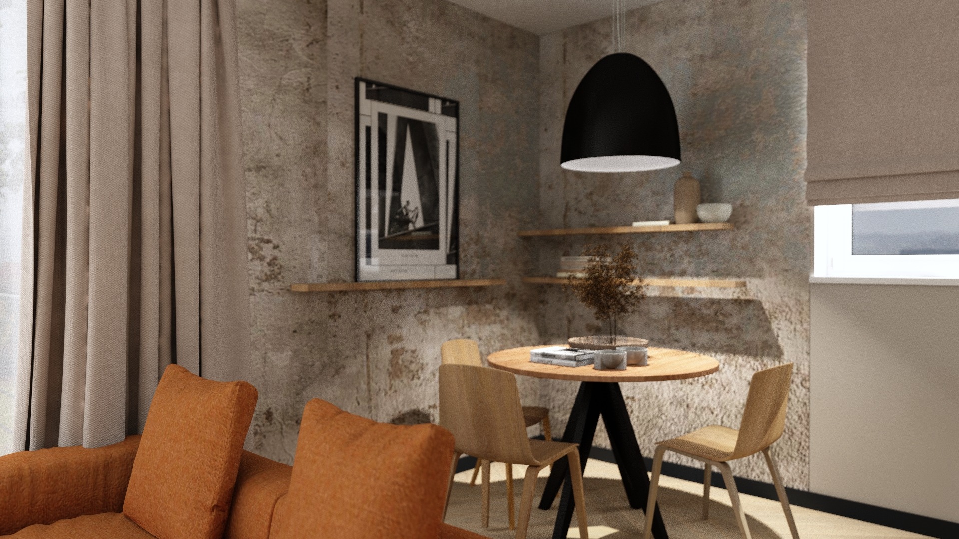 Stylowa jadalnia z okrągłym stołem, drewnianymi krzesłami i minimalistycznym oświetleniem. Na ścianie grafika i półki. Pomarańczowa sofa w tle dodaje ciepła.