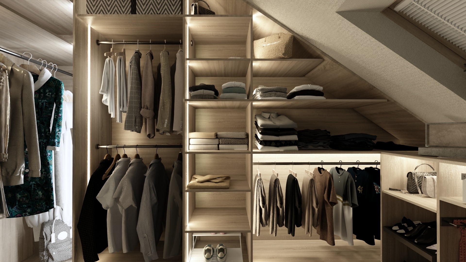 Jasna, drewniana garderoba na poddaszu ze skośnym sufitem. Ubrania wiszą na wieszakach, a złożone tekstylia leżą na półkach. Oświetlenie LED podkreśla detale.