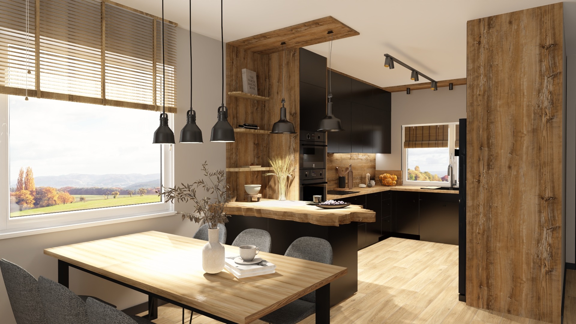 Nowoczesna kuchnia z drewnianymi akcentami: czarne szafki, drewniany blat i stół z szarymi krzesłami. Duże okno z widokiem na jesienny krajobraz.