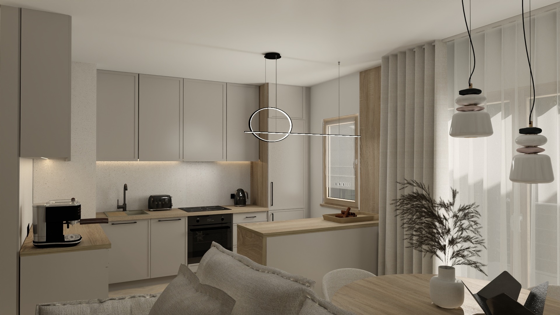 Jasna kuchnia z drewnianymi akcentami, minimalistycznym oświetleniem i rośliną w wazonie na stole. Widok na okno z zasłonami.