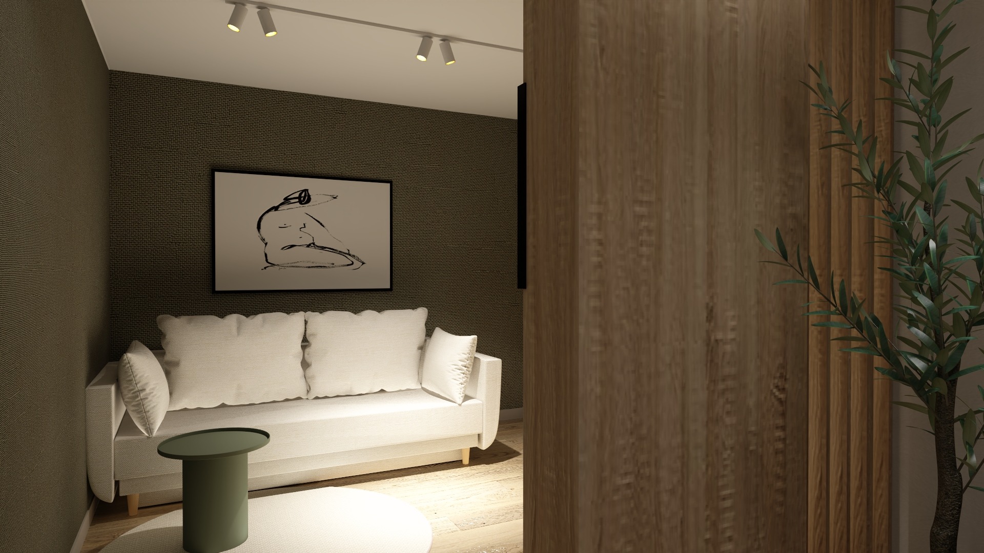 Nowoczesny salon z białą sofą, okrągłym stolikiem i abstrakcyjnym obrazem na teksturowanej ścianie. Drewniane panele i roślina dodają ciepła wnętrzu.