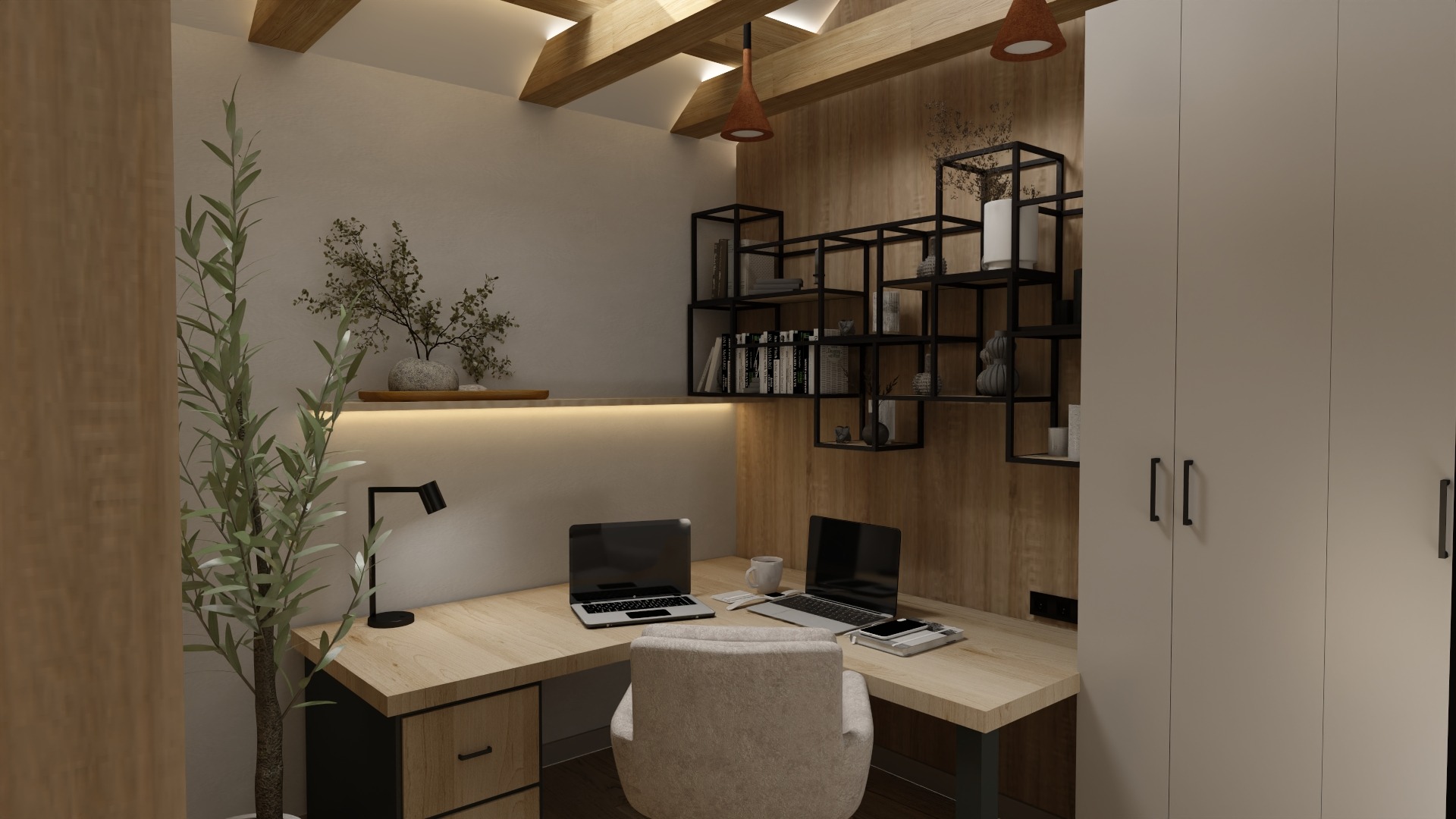 Nowoczesny kącik biurowy z drewnianym biurkiem, dwoma laptopami, minimalistyczną lampką i regałem na ścianie. Jasne, stonowane kolory i naturalne światło.