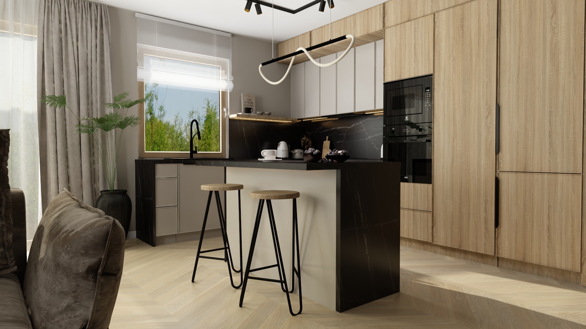 Wizualizacja nowoczesnej kuchni z wyspą, drewnianymi szafkami i czarnym blatem. Dwa hokery przy wyspie, okno z widokiem na zieleń. Minimalistyczna lampa sufitowa.
