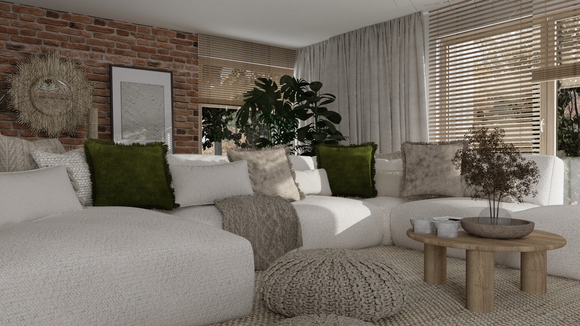 Jasny salon z ceglaną ścianą, sofą modułową, drewnianym stolikiem i roślinami. Naturalne światło przez żaluzje. Wnętrze w stylu boho z elementami vintage.