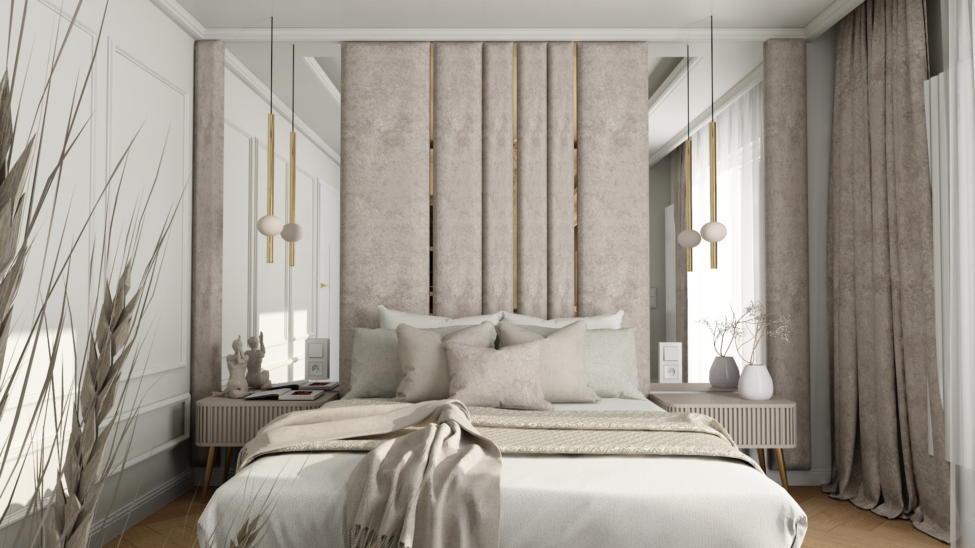 Elegancka sypialnia w beżach: tapicerowane wezgłowie z lustrami, lampy wiszące, tekstylia w odcieniach kremu i beżu, drewniana podłoga, dekoracyjne trawy w wazonie.
