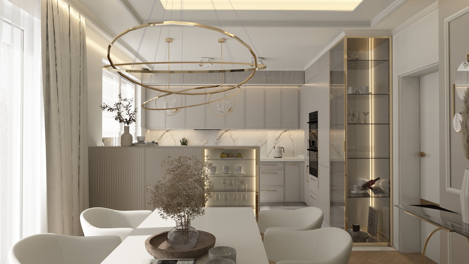 Elegancka, jasna kuchnia z jadalnią. Białe meble, marmurowy backsplash, złoty żyrandol i przeszklona witryna. Minimalistyczny wystrój z akcentami roślinnymi.