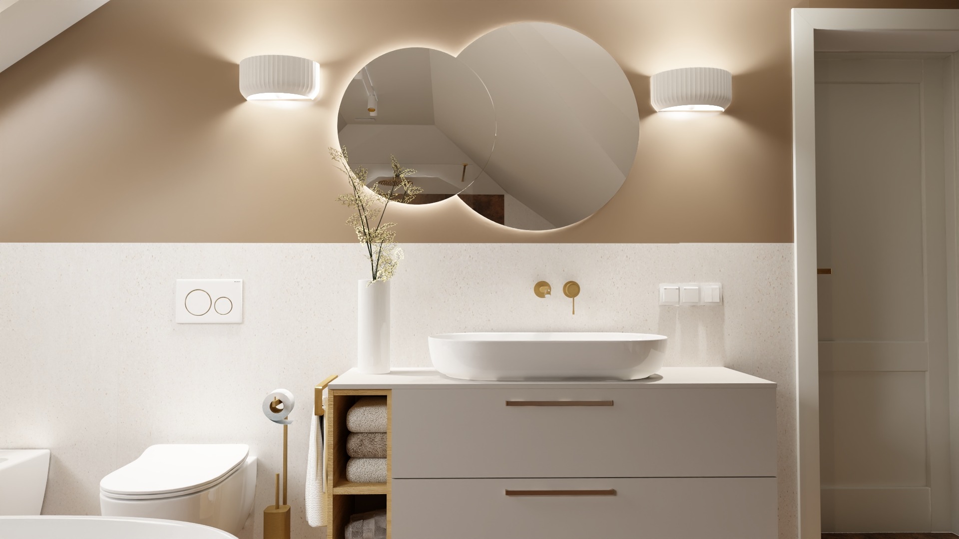 Nowoczesna łazienka z okrągłym lustrem z podświetleniem LED, białą umywalką nablatową i beżowo-białą kolorystyką. Minimalistyczny design z akcentami złota.