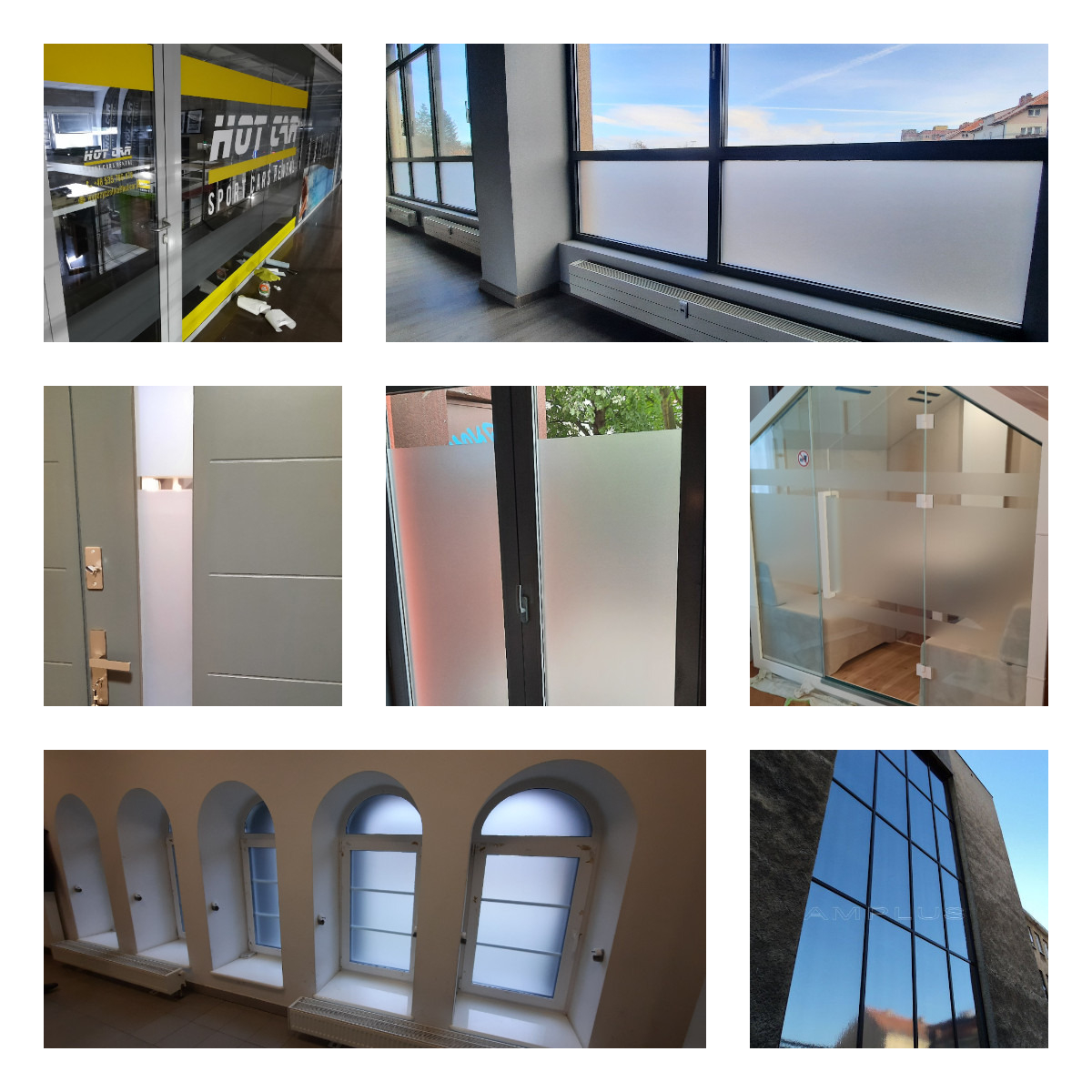 Kompilacja zdjęć okien i drzwi z folią matującą, zapewniającą prywatność i redukującą odblaski, w różnorodnych stylach i pomieszczeniach.