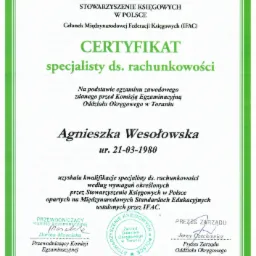 Certyfikat specjalisty ds. rachunkowości Stowarzyszenia Księgowych w Polsce dla Agnieszki Wesołowskiej z Torunia, wydany 02-04-2012, z podpisami.