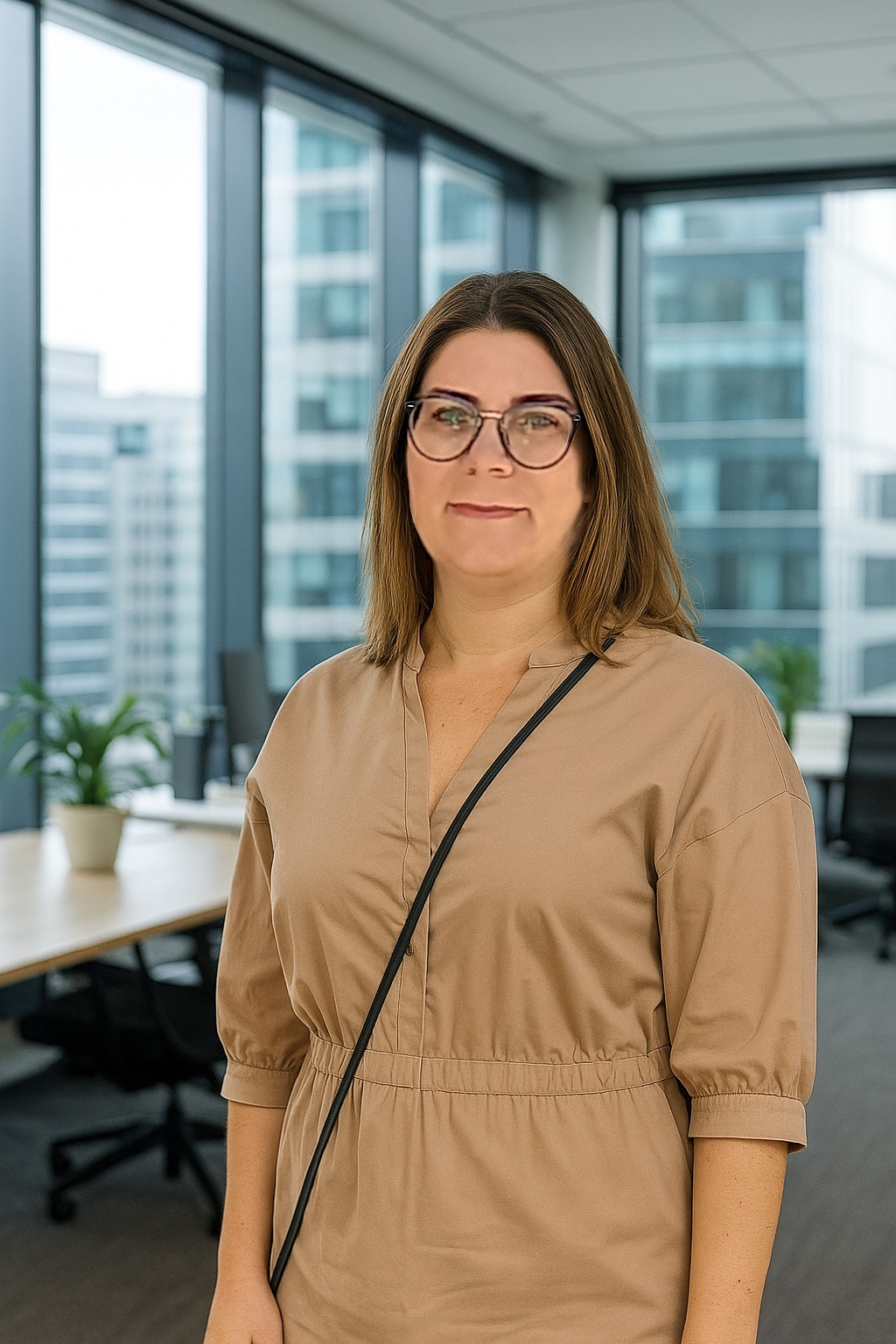 Kobieta w okularach, ubrana w beżowy kombinezon, stoi w nowoczesnym biurze na tle przeszklonych ścian i biurek. Delikatny uśmiech, profesjonalny wygląd.