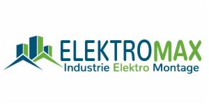 Logo firmy ElektroMAX Industrie Elektro Montage z graficznym symbolem budynków w odcieniach zieleni i niebieskiego.