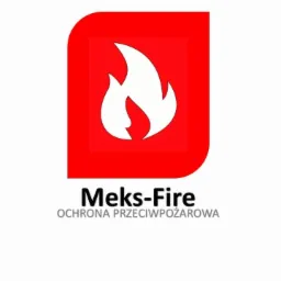 Logo firmy Meks-Fire z symbolem płomienia w czerwonym kwadracie i napisem OCHRONA PRZECIWPOŻAROWA.