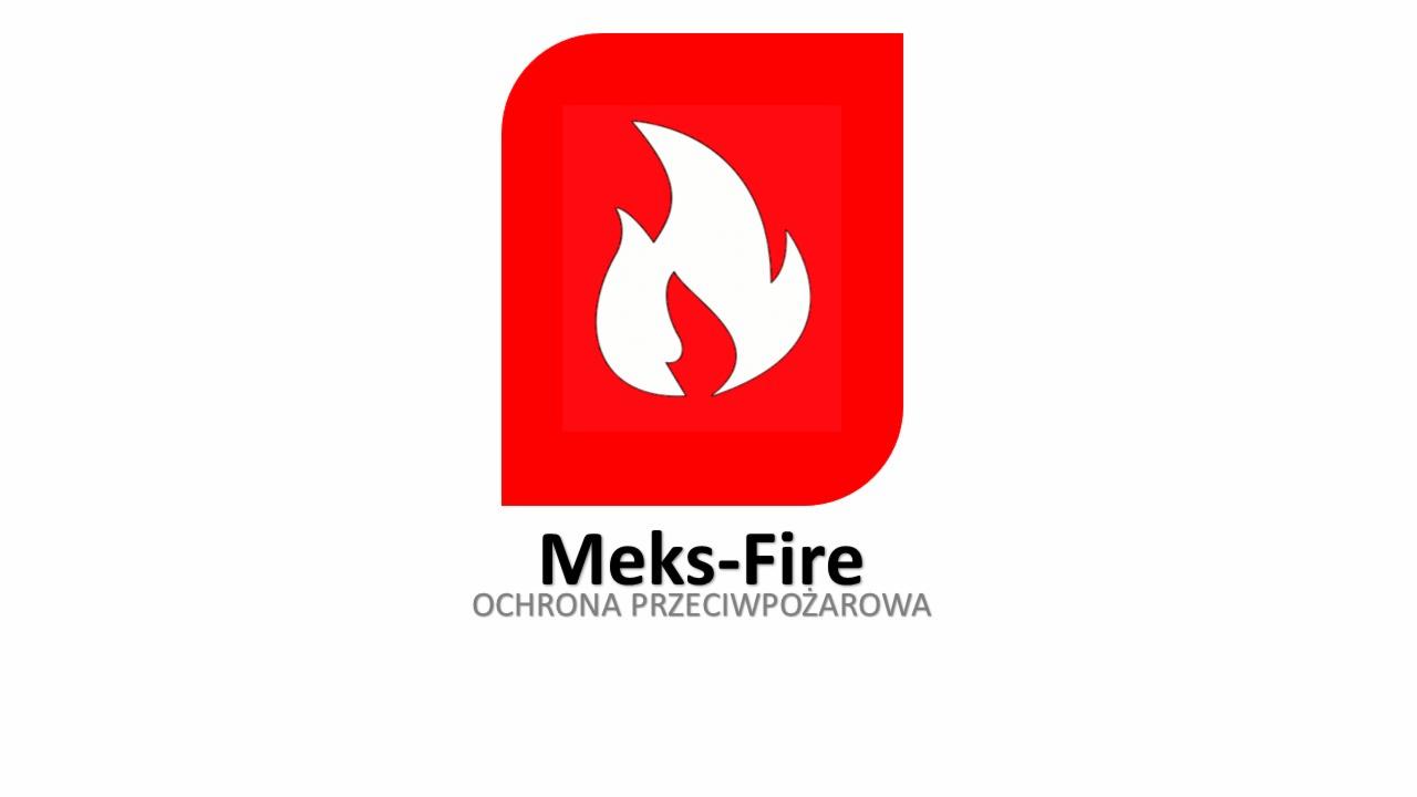 Logo firmy Meks-Fire z symbolem płomienia w czerwonym kwadracie i napisem OCHRONA PRZECIWPOŻAROWA.