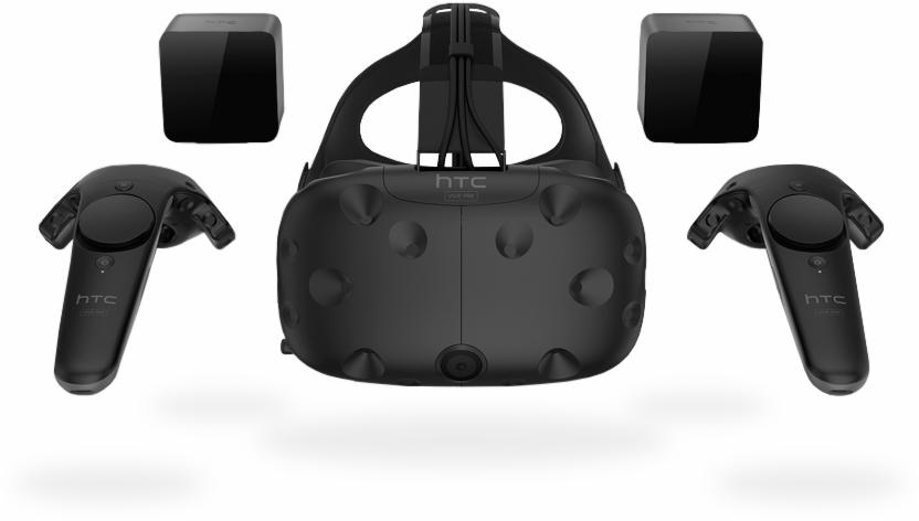 Zestaw do wirtualnej rzeczywistości HTC Vive: gogle VR, dwa kontrolery i dwa sensory bazowe, wszystko w kolorze czarnym, na białym tle.