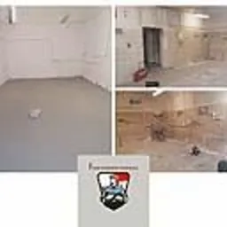 Kolaż zdjęć przedstawiający pomieszczenie przed i po remoncie. Na górze po lewej: pokój po remoncie, pomalowane ściany na biało, szara podłoga. Na górze po prawej i na dole po prawej: pokój...