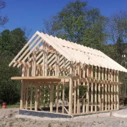 Surowa konstrukcja domu z drewna, widoczna na tle zieleni i błękitnego nieba, z pomarańczową rurą wystającą z ziemi po lewej stronie.