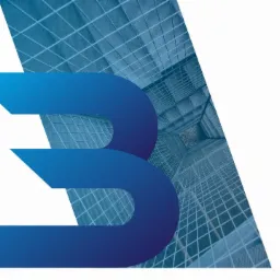 Abstrakcyjne logo w odcieniach niebieskiego, na tle siatki konstrukcyjnej budynku widzianej z dołu.