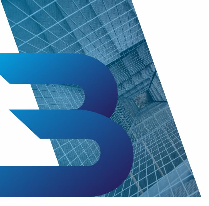 Abstrakcyjne logo w odcieniach niebieskiego, na tle siatki konstrukcyjnej budynku widzianej z dołu.