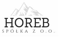 Logo firmy HOREB Spółka z o.o. z grafiką gór w tle, czcionka bezszeryfowa, stonowana kolorystyka.
