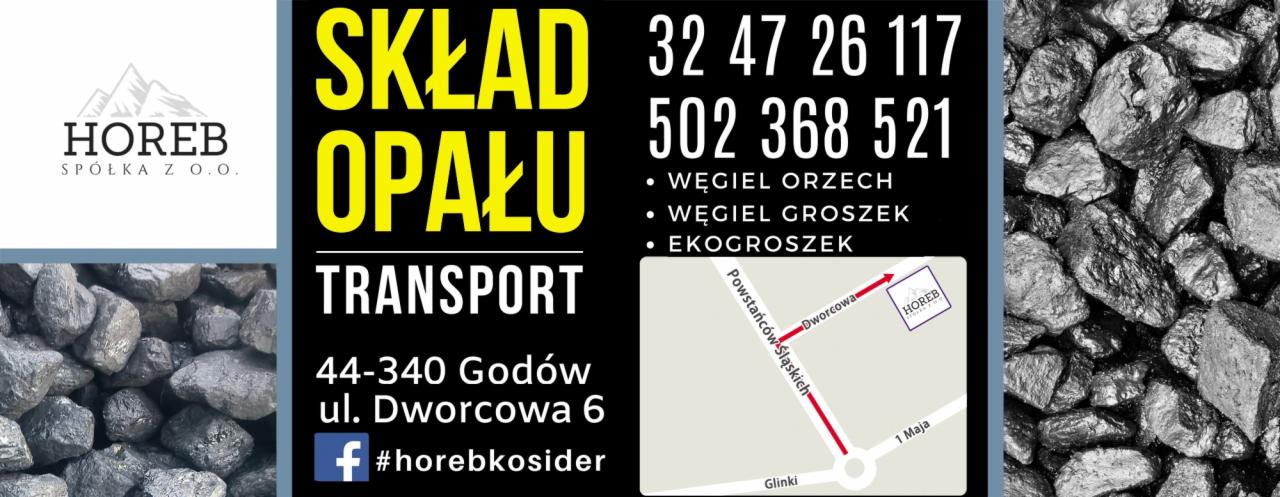 Kompozycja reklamowa składu opału Horeb z Godowa, prezentująca adres, numery telefonów, rodzaje węgla (orzech, groszek, ekogroszek) oraz mapkę dojazdu.