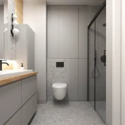 Nowoczesna łazienka w szarościach z drewnianymi akcentami, wisząca toaleta, kabina prysznicowa typu walk-in z czarną armaturą, oświetlenie dekoracyjne przy lustrze.