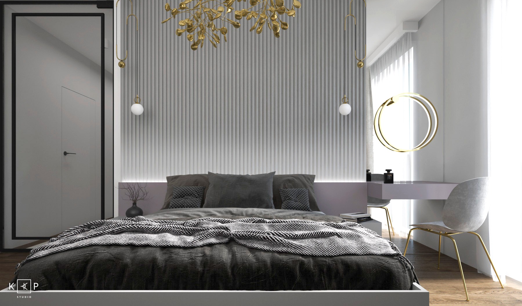 Elegancka sypialnia w odcieniach szarości z dekoracyjnym oświetleniem: złoty żyrandol w kształcie liści i wiszące lampy kuliste, łóżko z szarą pościelą i wzorzystym pledem, toaletka z okrągłym...