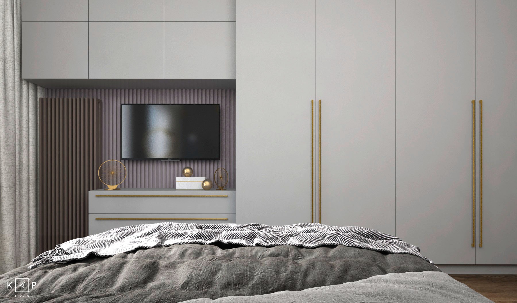 Nowoczesna sypialnia w odcieniach szarości z telewizorem na ścianie z lameli, minimalistyczna komoda z dekoracjami i duża szafa z podłużnymi złotymi uchwytami.