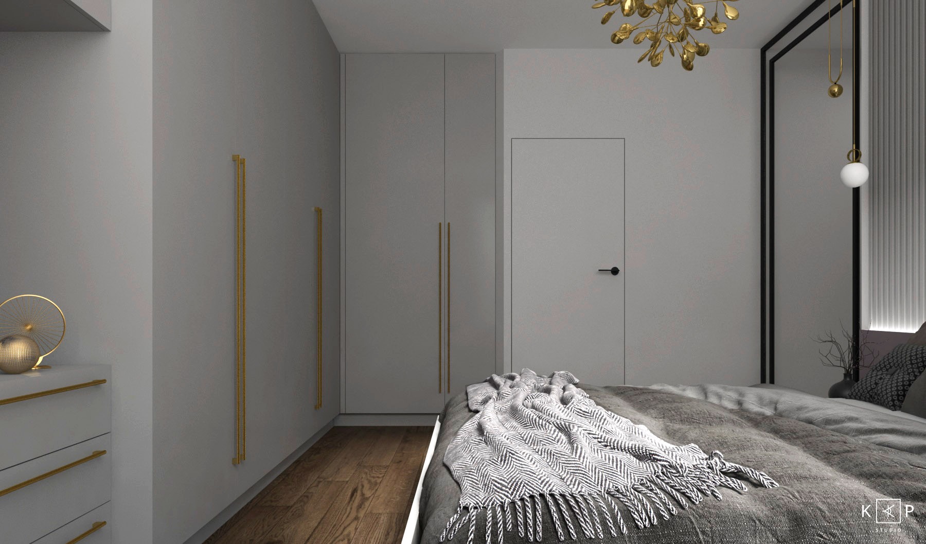 Nowoczesna sypialnia w odcieniach szarości z drewnianą podłogą, garderobą z minimalistycznymi złotymi uchwytami, dekoracyjną lampą sufitową w kształcie liści i łóżkiem przykrytym wzorzystym pledem.