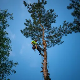 Arborysta w kasku, z pilarką, wspina się na wysoką sosnę na tle błękitnego nieba, zabezpieczony linami.