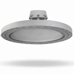 Szara, okrągła lampa sufitowa LED z teksturowaną obudową i trzema otworami wentylacyjnymi na górze, rzucająca cień na białym tle.