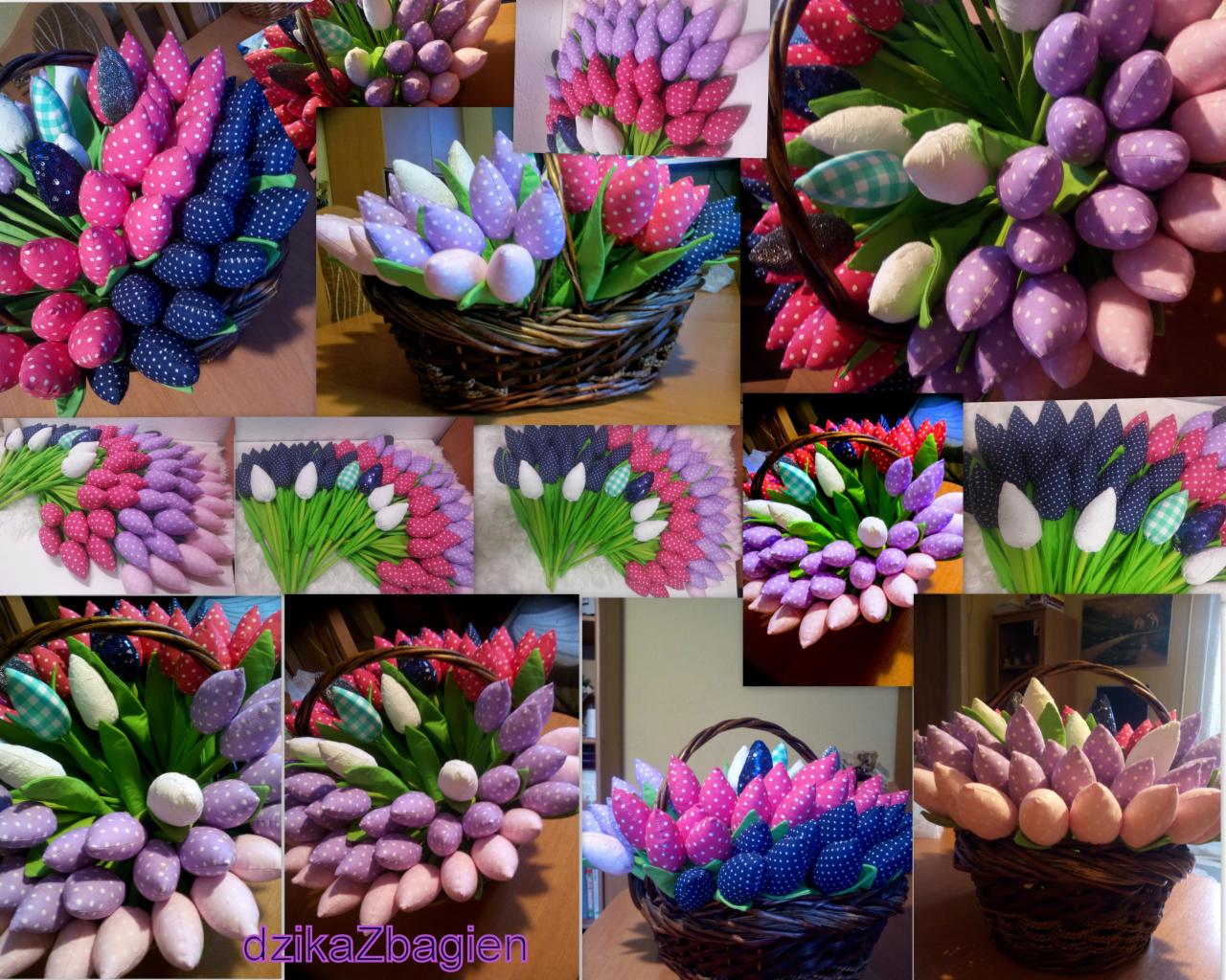 Kompozycja z materiałowych tulipanów w koszykach, różnokolorowe kwiaty w kropki, kolaż wielu ujęć.