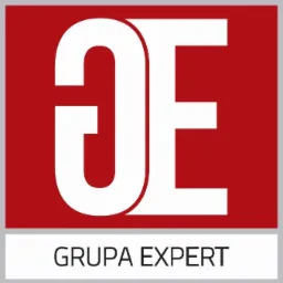 Logo firmy Grupa Expert, białe litery OE na czerwonym tle, poniżej szary pasek z białym napisem GRUPA EXPERT.