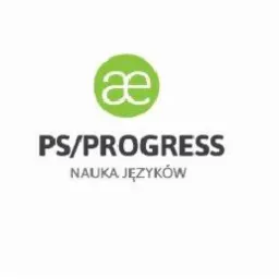 Logo szkoły językowej PS/PROGRESS z zielonym okręgiem zawierającym białe litery 'ae' oraz napisem 'PS/PROGRESS' i 'NAUKA JĘZYKÓW' poniżej.