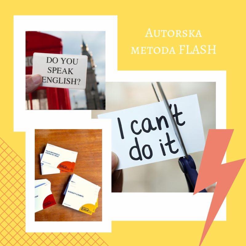 Kolaż przedstawiający naukę języka angielskiego: kartka z pytaniem 'Do you speak English?' na tle czerwonej budki telefonicznej i Big Bena, nożyczki przecinające kartkę z napisem 'I can't do it'...