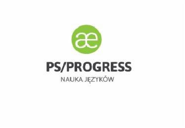 Logo szkoły językowej PS/PROGRESS z zielonym okręgiem zawierającym białe litery 'ae' oraz napisem 'PS/PROGRESS' i 'NAUKA JĘZYKÓW' poniżej.