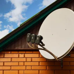 Biała antena satelitarna zamontowana na ceglanej ścianie domu z brązową drewnianą elewacją, pod błękitnym niebem z chmurami.