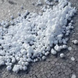 Białe granulki styropianu na szarej płycie z wyraźną strukturą, oświetlone z góry, tworzące kontrast między gładkimi kulkami a chropowatą powierzchnią.