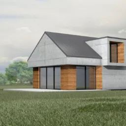 Wizualizacja nowoczesnego domu z betonu i drewna na tle zielonego trawnika i pochmurnego nieba.