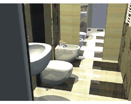 Wizualizacja łazienki z toaletą, bidetem i umywalką, wykończonej płytkami w odcieniach beżu i brązu, z czarno-białą szachownicą na podłodze, prezentująca projekt wnętrza.