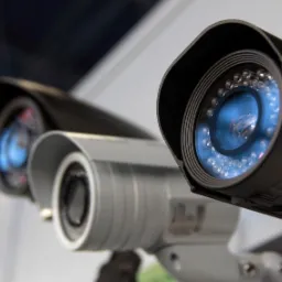 Trzy kamery przemysłowe: czarna z diodami LED, szara i rozmyta czarna w tle, ustawione pod różnymi kątami, prezentowane w zbliżeniu.